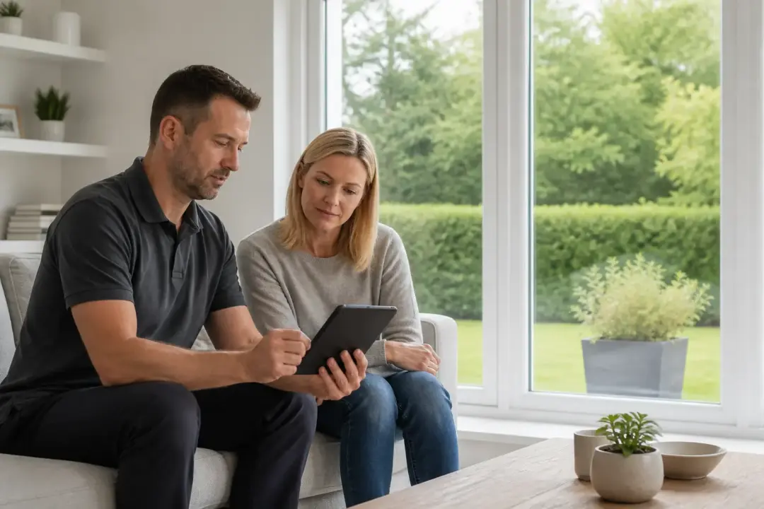 A ClearShield specialist discussing window security with a homeowner