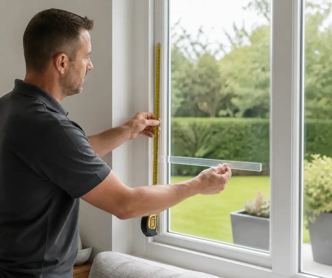 A security specialist taking precise window measurements