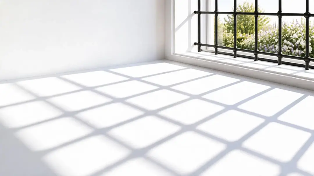 Traditional black metal burglar bars casting long shadows across a bright white room
