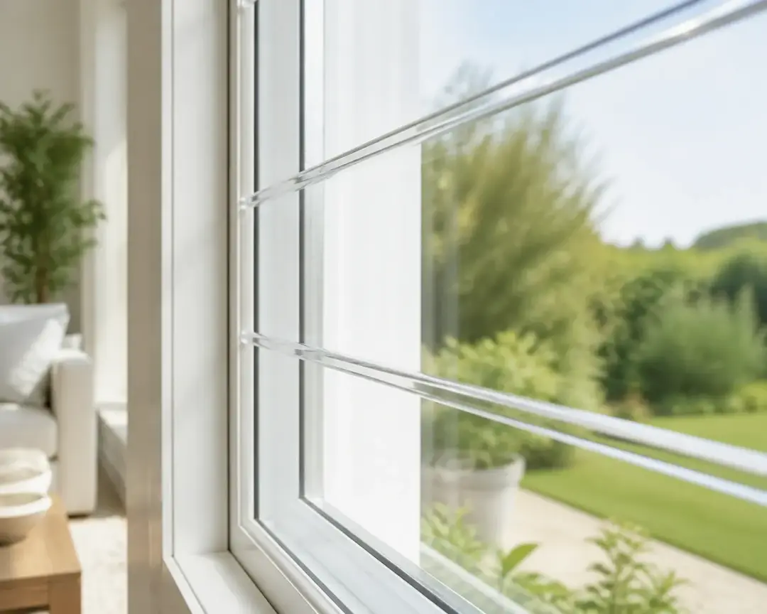 A completed transparent burglar bar installation overlooking a garden