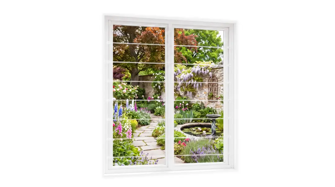 Transparent burglar bars fitted across a bright window overlooking a garden